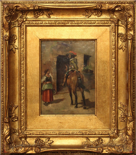 La partenza del cavaliere, olio su tavola, cm. 40,5x20, XIX secolo, entro cornice.