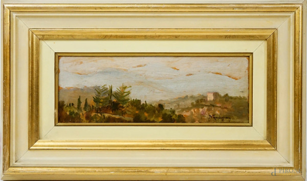 Paesaggio, olio su tavoletta, cm 10x28, firmato, entro cornice.