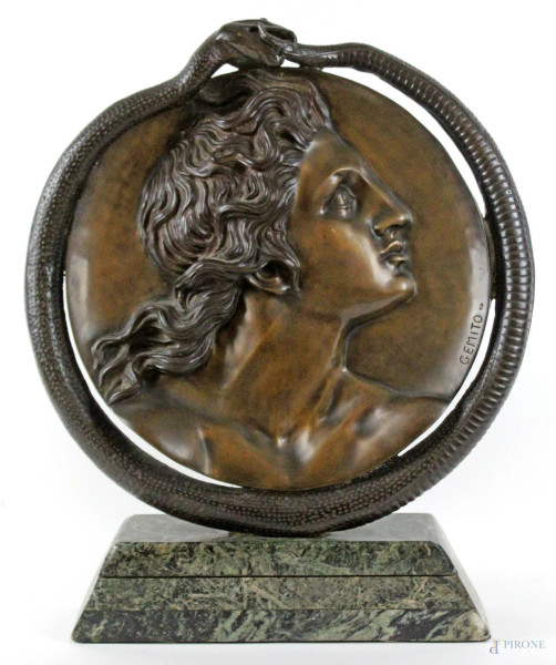 Vincenzo Gemito - Ritratto di Alessandro Magno, scultura in bronzo, diametro cm 48, base in marmo, altezza totale cm 58