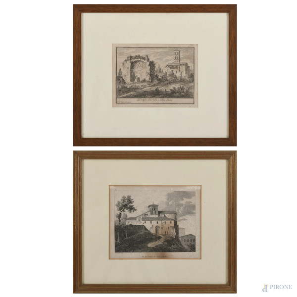 Lotto di due stampe raffiguranti Tempio del Sole e della Luna e il Convento dei Santi Quattro, XIX secolo, misure massime cm 30x35 compreso passepartout, (ondulazioni, foxing e segni di umidità)