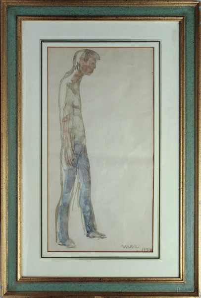 Edolo Masci - Figura, acquarello su carta, datato 1959, cm 59 x 30, entro cornice.