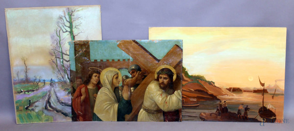 Lotto composto da tre dipinti a soggetti diversi.