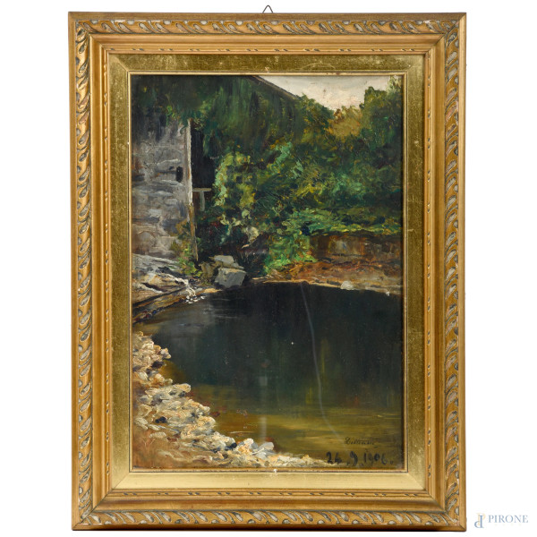 Paesaggio piemontese, olio su tavola, cm 43x30, firmato in basso a destra e datato "24.9.1906" entro cornice