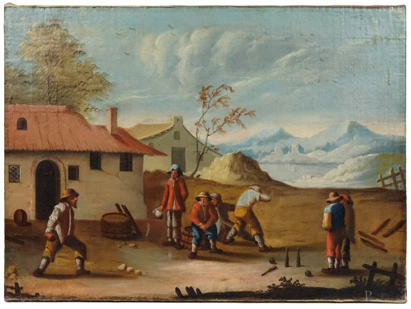 Scuola del nord-italiana del XVIII secolo, Paesaggio con giocatori di birilli, olio su tela, cm 45,5x63