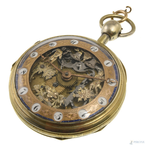 Orologio da tasca con automi in argento, XX secolo, diametro cassa cm 5,5, (segni di usura, da revisionare)