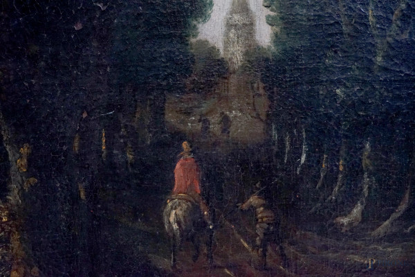 Pittore fiammingo del XVIII secolo, Paesaggio di campagna con figure, villa e sfondo di marina, o...