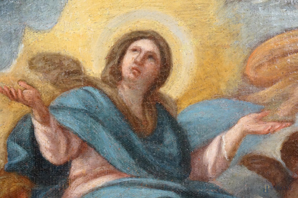 Scuola napoletana del XVIII secolo, Immacolata Concezione, olio su tela, cm 26,8x22,5, entro corn...