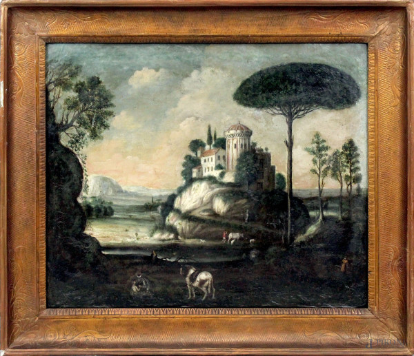 Paesaggio con castello, olio su tela, cm 63x77, XVIII secolo, entro cornice