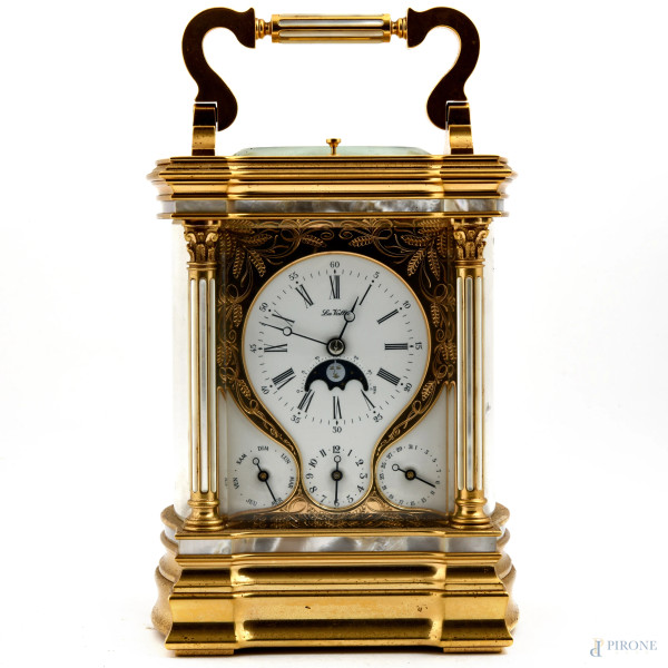 Orologio da tavolo La Vallèe calendario e ripetizione in bronzo con inserti in madreperla e quadrante in porcellana con calendario completo e fasi lunari con numeri romani, cm 21x12x10, (da revisionare)