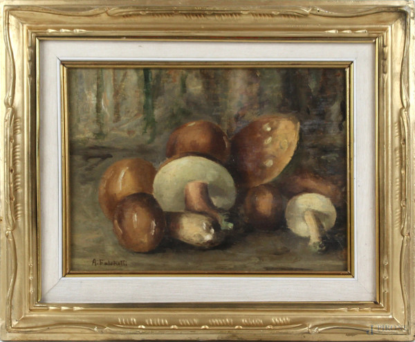 Funghi, olio su tavola, cm 29,5x37,5, firmato, entro cornice
