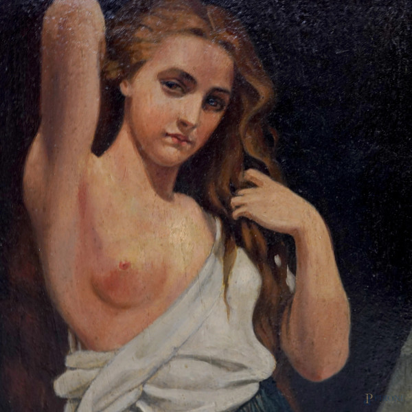 Giovane donna a seno scoperto, XX secolo, olio su cartone, cm 43x33 entro cornice.