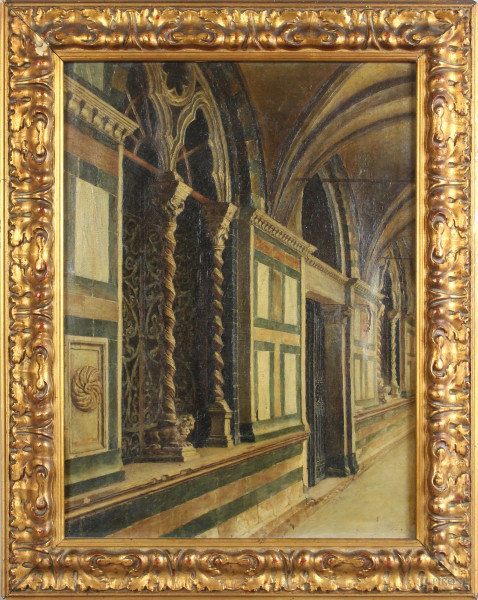 Scorcio di chiostro, olio su tela, cm. 44x33, fine XIX secolo, entro cornice.
