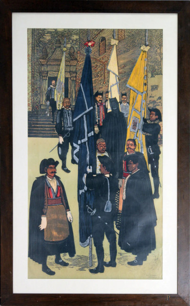 Giuseppe  Biasi Da Teulada - Parata con bandiere, litografia 16/50, cm. 88x48, entro cornice.