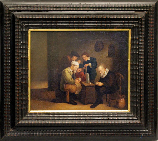 Scuola fiamminga del XIX sec., Interno con giocatori di carte, olio su tela, firmato, cm 28x35, entro cornice.