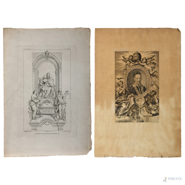 Lotto di due stampe raffiguranti  Innocenzo XII e Monumento sepolcrale di Innocenzo XII, XIX-XX secolo, misure massime cm 65x43, (segni di usura, tracce di umidità, gore, foxing, lacerazioni della carta, tracce di piegatura)