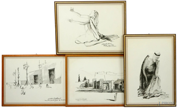 Quattro stampe raffiguranti "I sette contro Tebe", "Ecusa", "Elettra" e "Coefore", cm 34,5x49,5, XX secolo.