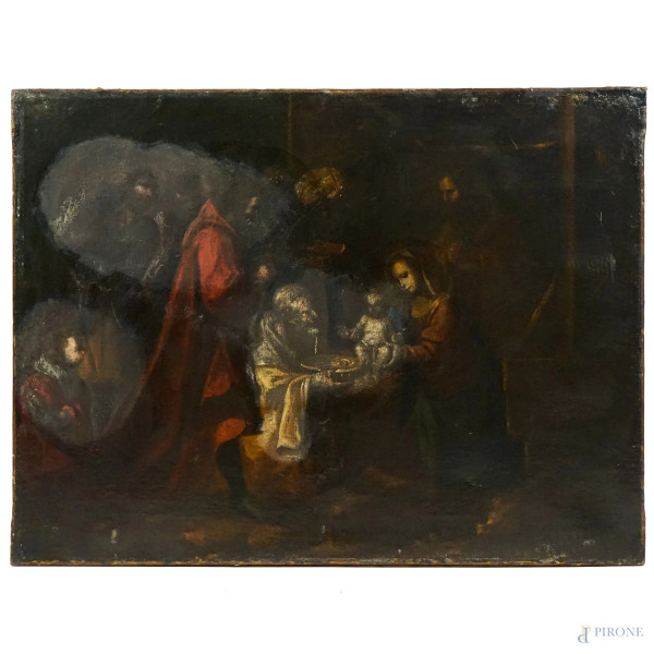 Pittore del XVIII secolo, Adorazione dei Magi, olio su tela, cm 67x90, (difetti)