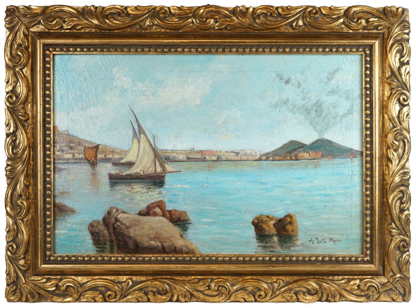 Veduta del Golfo di Napoli, olio su tela, cm 36x57, firmato, entro cornice.