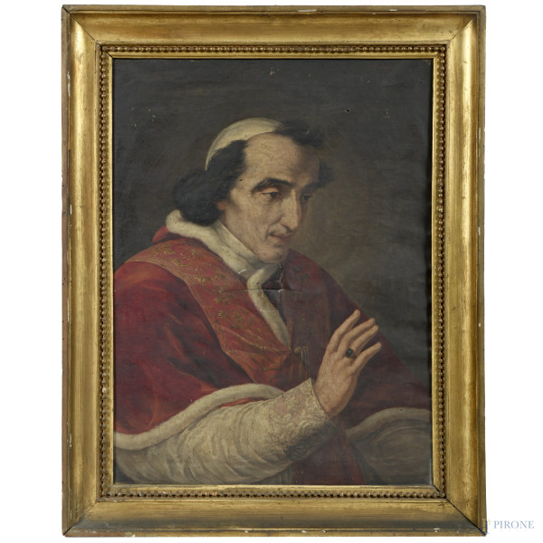 Ritratto di pontefice, prima metà del XIX secolo, olio su tela, cm 70,5x54 , entro cornice, (cadute di colore, lacerazioni, fessurazioni, fori, difetti, restauri)