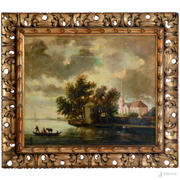 Paesaggio veneziano, olio su tela, cm 55x65, firmato in basso a destra, entro cornice, (cadute di colore e piccola lacerazione della tela)