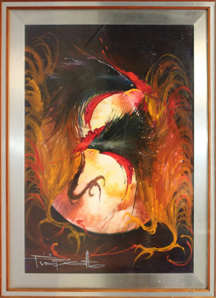 Marco Pinizotto - Battaglia dei galli, olio su tela 70x50 cm, entro cornice.
