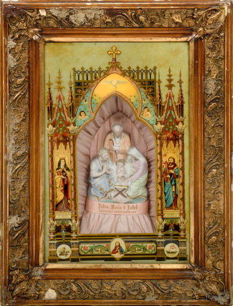 Teca con gruppo scultoreo raffigurante Natività, XX secolo, misure totali comprensive di cornice cm 74x54,5, (difetti)