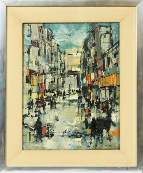 Max Gunther - Pluie et néon, olio su tela, cm 41x31, firmato in basso a destra. Retro: titolato, firmato e datato "1958", entro cornice