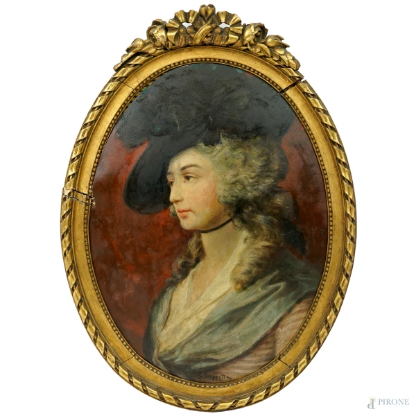 Copia da Thomas Gainsborough (Sudbury, 1727 - Londra, 1788), Ritratto di Sarah Siddons, olio su cartoncino in assetto ovale, XX secolo, cm 40x30, entro cornice (difetti)