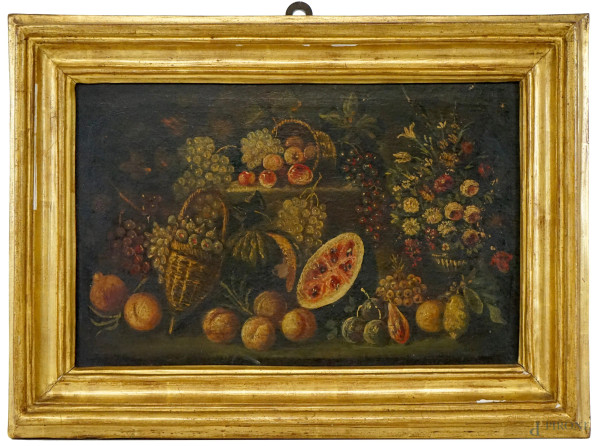 Natura morta, olio su tela, cm 26x38, XVII-XVIII secolo, entro cornice