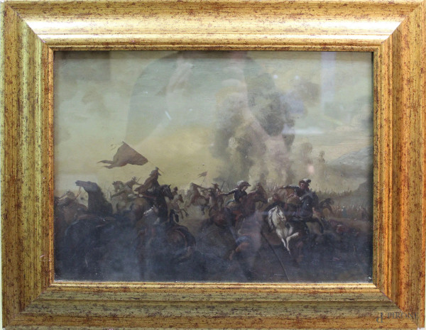 Scena di battaglia, olio su tavola 30x40 cm, entro cornice.