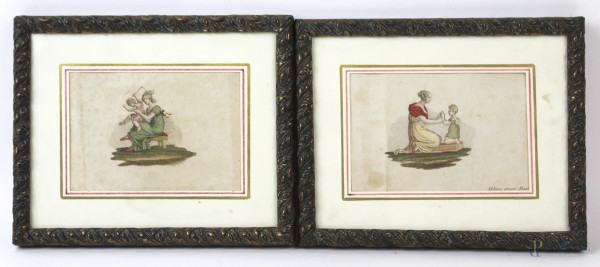 Lotto di due stampe a colori raffiguranti fanciulle con bambini, cm14x18, XIX secolo, entro cornici.