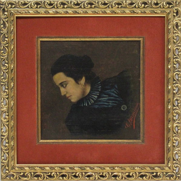 Ritratto di donna, olio su tavola, cm. 26x26, firmato G. De Antoniis, entro cornice.