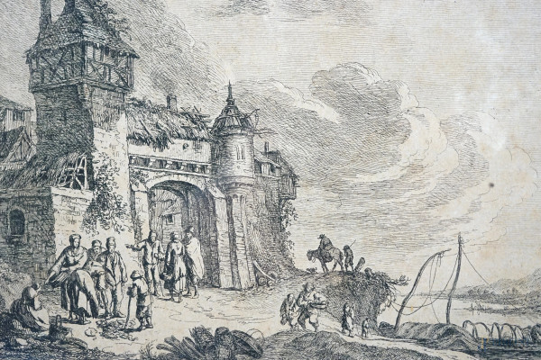 Lotto di 2 incisioni, raffiguranti una nave prigione spiaggiata ed un paesaggio con figure, XIX s...