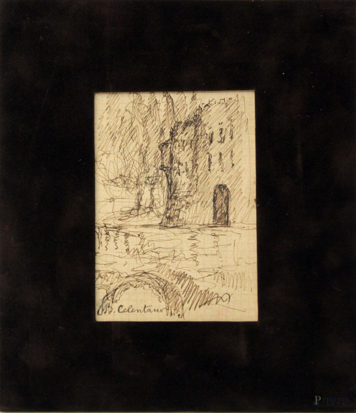 Dipinto double face raffigurante castello e soldato, china su carta, cm 12x9, firmato.
