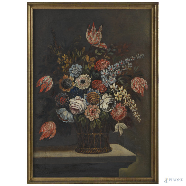 Coppia di nature morte, XVIII-XIX secolo, olio su tela, cm 69x47, entro cornice, (abrasioni)