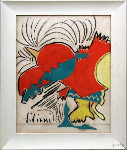 Gallo futurista, tecnica mista su carta, 46x36 cm, entro cornice firmato Giuseppe Viviani