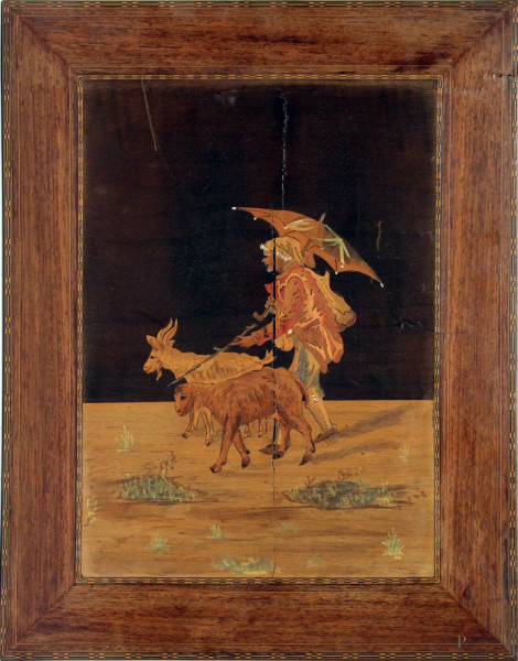 Pastore con caprette tarsia a vari legni, cm. 40x31, arte sorrentina.