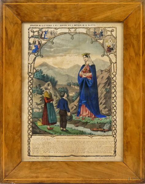 Apparizione della Vergine sulla montagna di La Salette, stampa a colori, cm 33x23,5 circa, XX secolo, entro cornice.