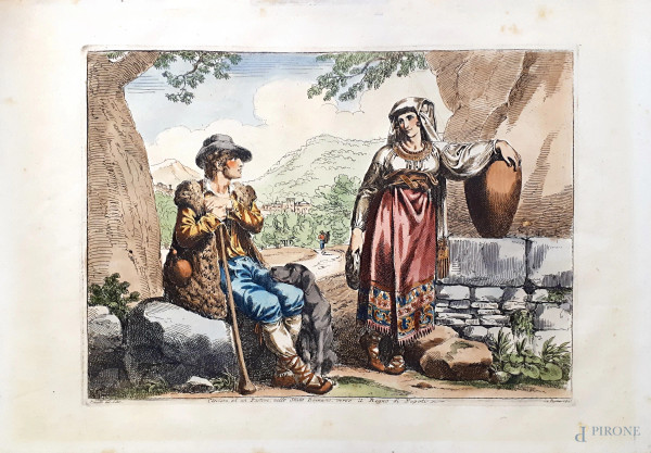 Bartolomeo Pinelli - Ciociara e un pastore, acquaforte originale del 1820, acquarellata a mano su carta vergellata, cm. 26x40.