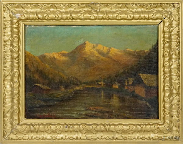 Scorcio montano, olio su tela riportata su tavola, cm 25x35, XX secolo, entro cornice.