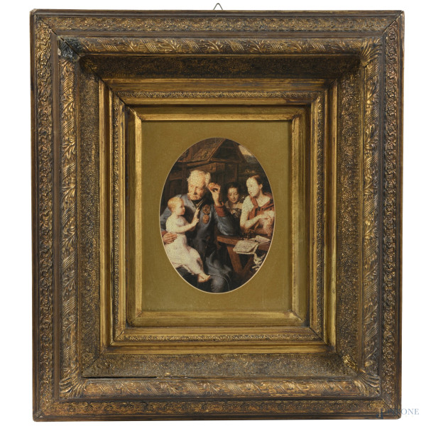 Cornice in legno intagliato e dorato con stampa da Ferdinand Georg Waldmüller, XX secolo, cm 52x47,5; luce cm 24x19, (segni di usura, difetti)