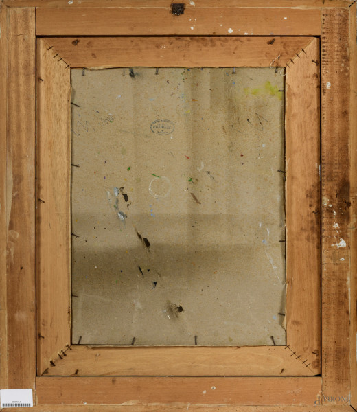 Paesaggio con case, olio su cartone, cm 48,5x37,5, firmato in basso a destra, entro cornice, (dif...