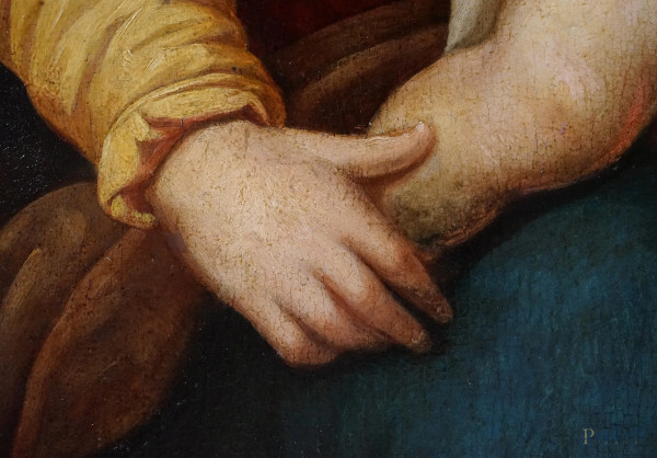 Pittore toscano del XVI secolo, Madonna con il Bambino, Santo e donatore, olio su tavola, cm 116,...