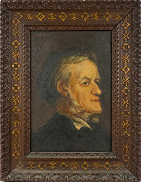 Ritratto di anziano, olio su tavola, cm 35x24,5, firmato, entro cornice.