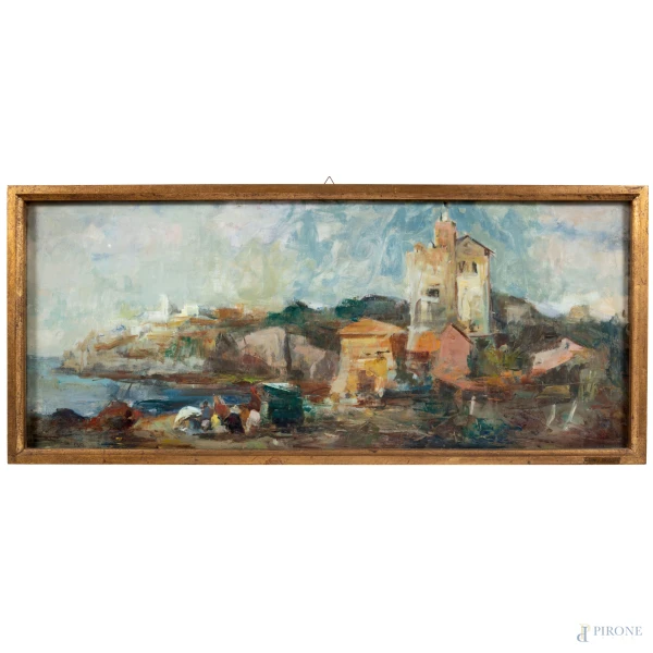 Dino Rossi, La torre e la tagliata etrusca da Ansedonia, tecnica mista su tela, cm 40x96, firmato in basso, entro cornice