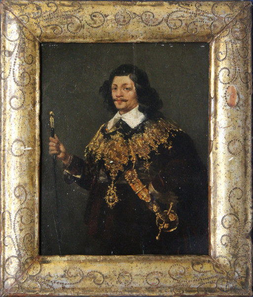 Ritratto di nobile spagnolo, olio su tela riportato su tavola, XVIII sec., cm 25 x 20, entro cornice.