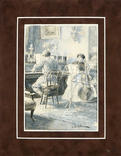 Concertino, acquarello su carta, cm 30x23, firmato L. Balestrieri