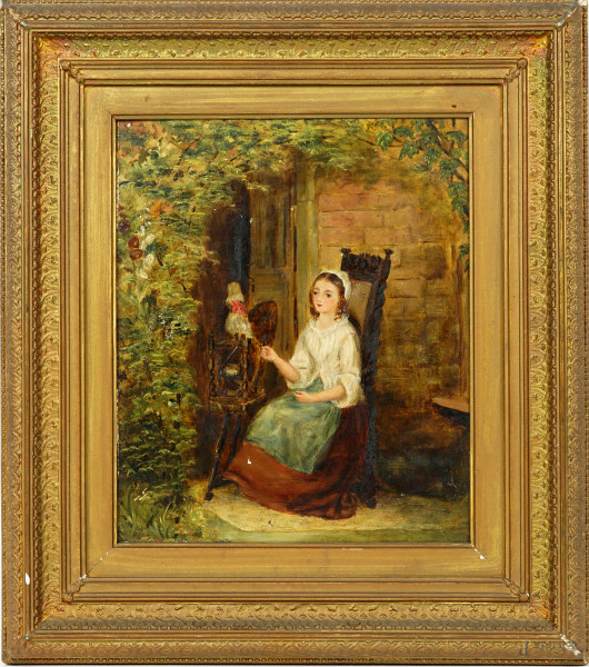 Scuola inglese di fine XIX secolo, Donna che fila, olio su tavoletta, cm 28x23, entro cornice
