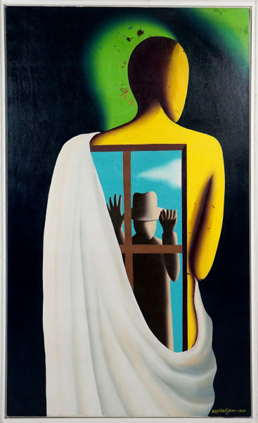 Mark Kostabi - Senza titolo, olio su tela, cm 152x92, entro cornice, (cadute di colore)