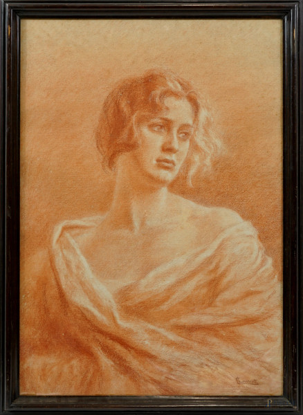 Ritratto femminile, sanguigna su carta, firmato, cm 90x65, entro cornice